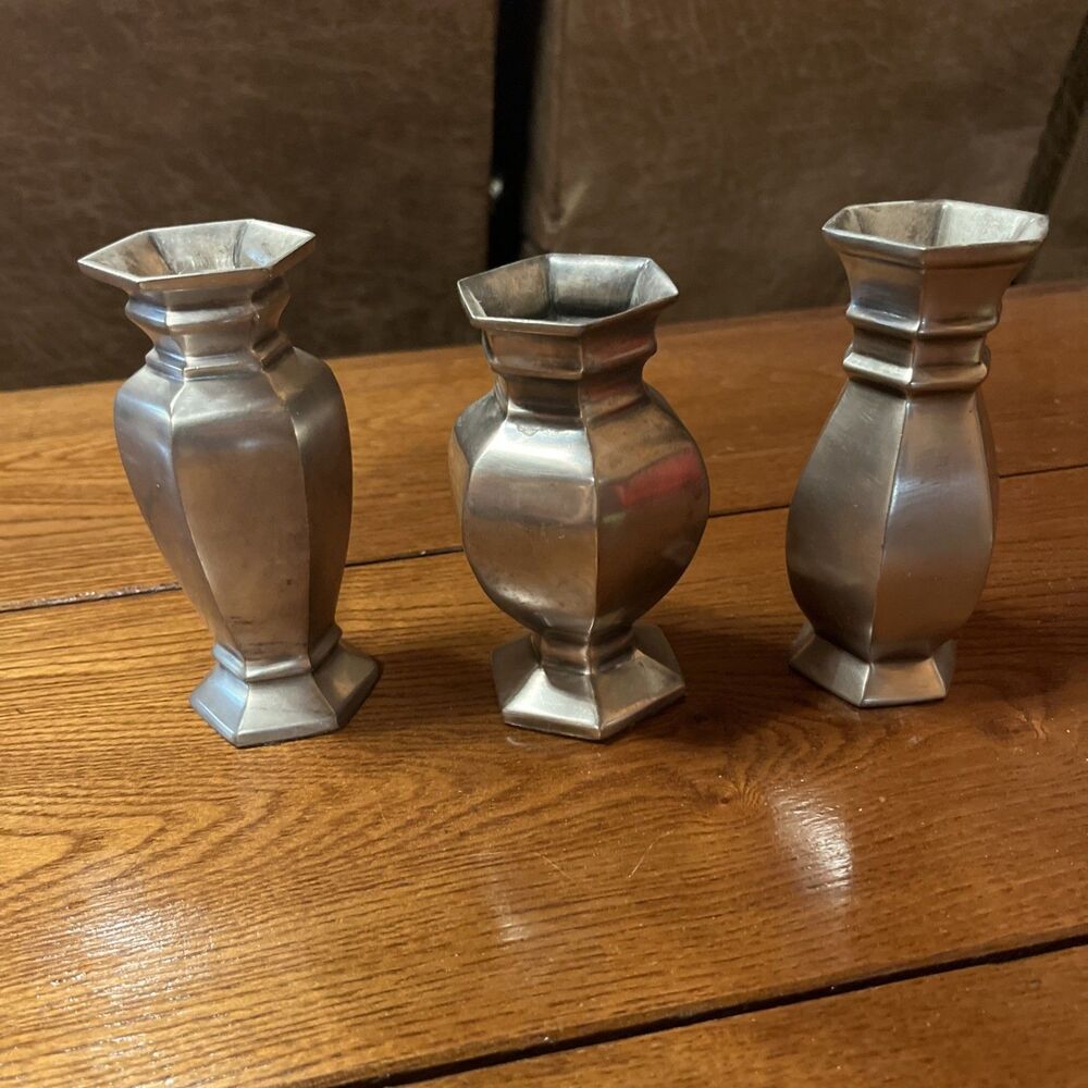 Vintage Pottery Barn Estate Bud Vases Set 3 Pewter Farmhouse Cottagecore